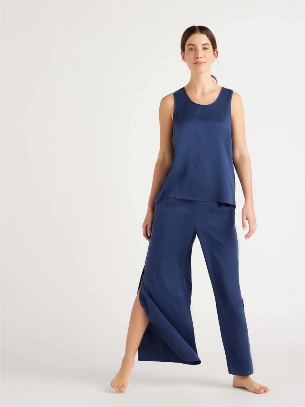 Quince Navy Blue Satin Pajama Set - Sleeveless Tank & Wide-Leg Pants